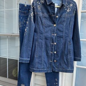 NWT Chico's Embellished Denim Enlonged Jacket & Jegging, Sz Chicos 0 / Regular 4